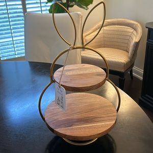 Two tiered bunny tray, wood and gold metal